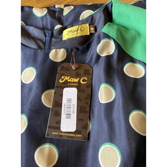 NWT‎ Max C London Dress Women's Size 8 Blue Green Polka Dot Retro Style Zipper - Picture 6 of 9